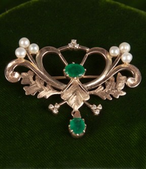 Emerald, Diamond, and Pearl Brooch