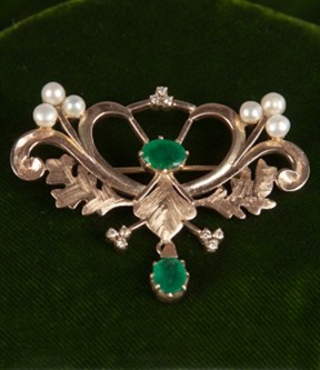 Emerald, Diamond, and Pearl Brooch