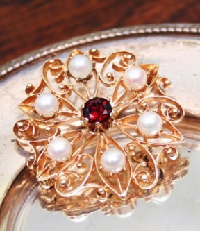 Pearl and Single Garnet Brooch